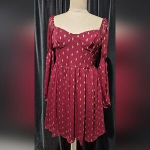 Chic Long Sleeve Burgundy Dress with Gold Accents